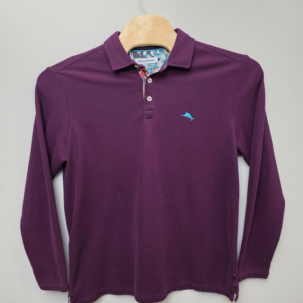 Tommy Bahama IslandZone Polo Mens Large Purple Long Sleeve Cotton Blend Tropical